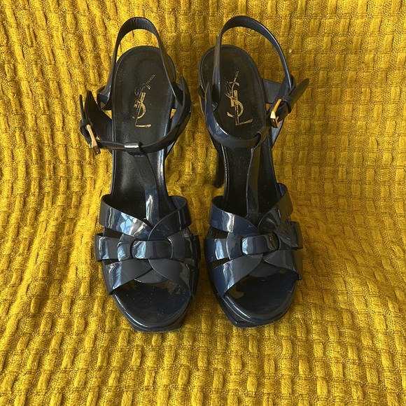 YSL TRIBUTE PLATFORM SANDALS IN PATENT LEATHER 38, navy blue - Picture 2 of 9